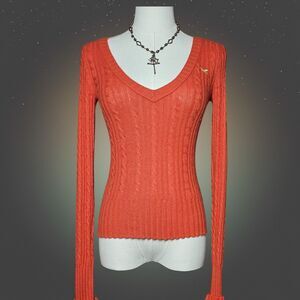 Hollister Y2K Rabbit Hair Cable Knit V-Neck Sweater Women's S Orange Bella Swan